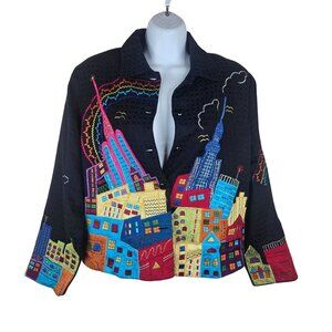 Vintage 90s Colorful Embroidered Cityscape Blazer Jacket Womens S Black